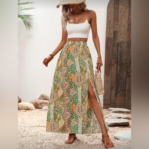Bohemian Floral Maxi Skirt in Green and Orange